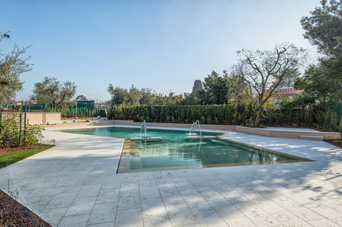 Endless-Swimmingpool mit Whirlpool und Kaskaden-Wasserspeiern